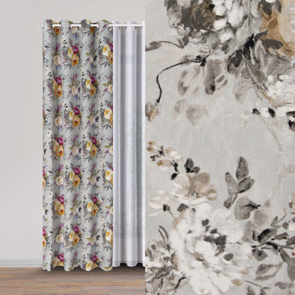 Tkanina dekoracyjna w kwiaty TZ7030-051 - szerokość 140 cm - szary/odcienie beżu