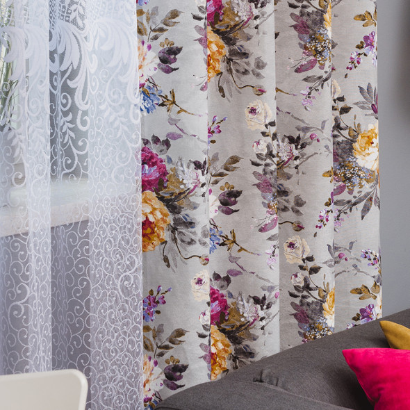 Tkanina dekoracyjna w kwiaty TZ7030-051 - szerokość 140 cm - szary/żółty/różowy