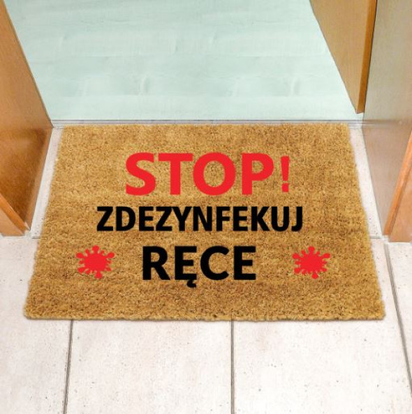 Koronawirus-wycieraczka kokosowa zdezynfekuj ręce